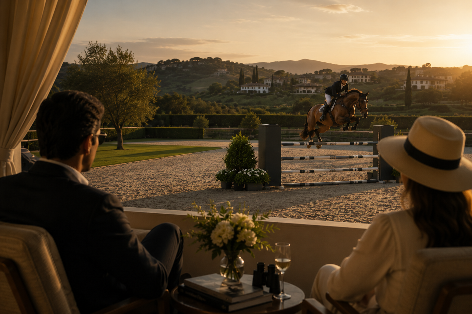 Casal observando prova de salto equestre ao pôr do sol em propriedade toscana